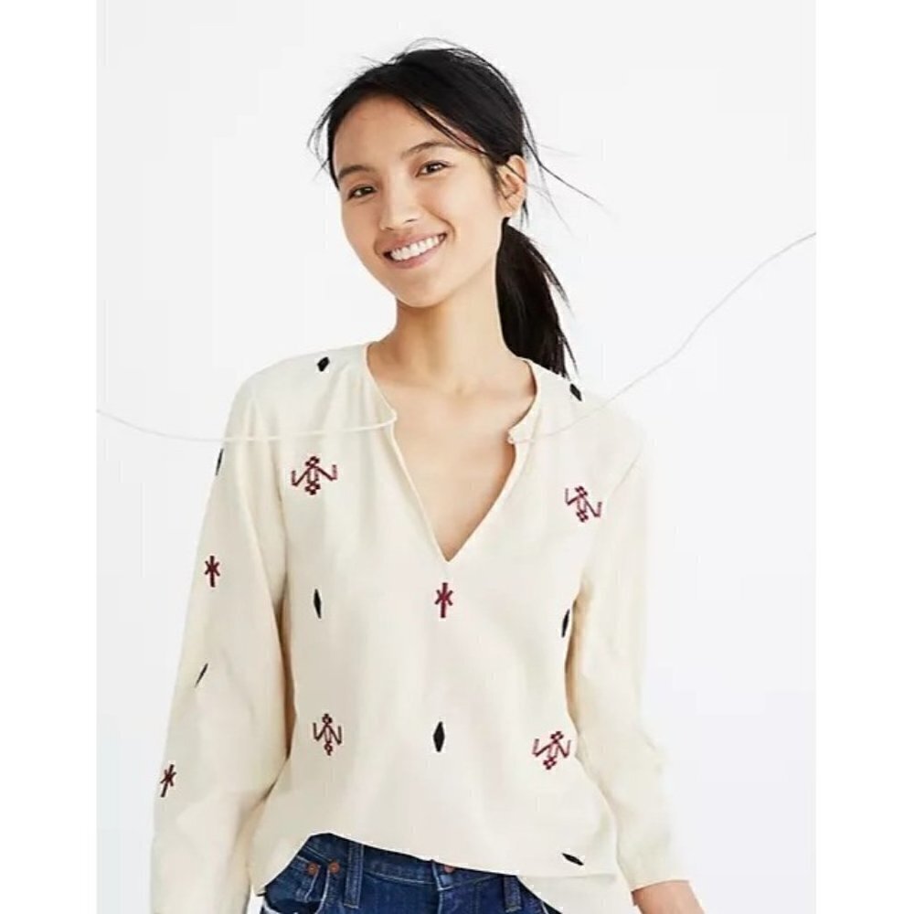 Madewell Beige Embroidered Fringe Long Sleeve Top XS
